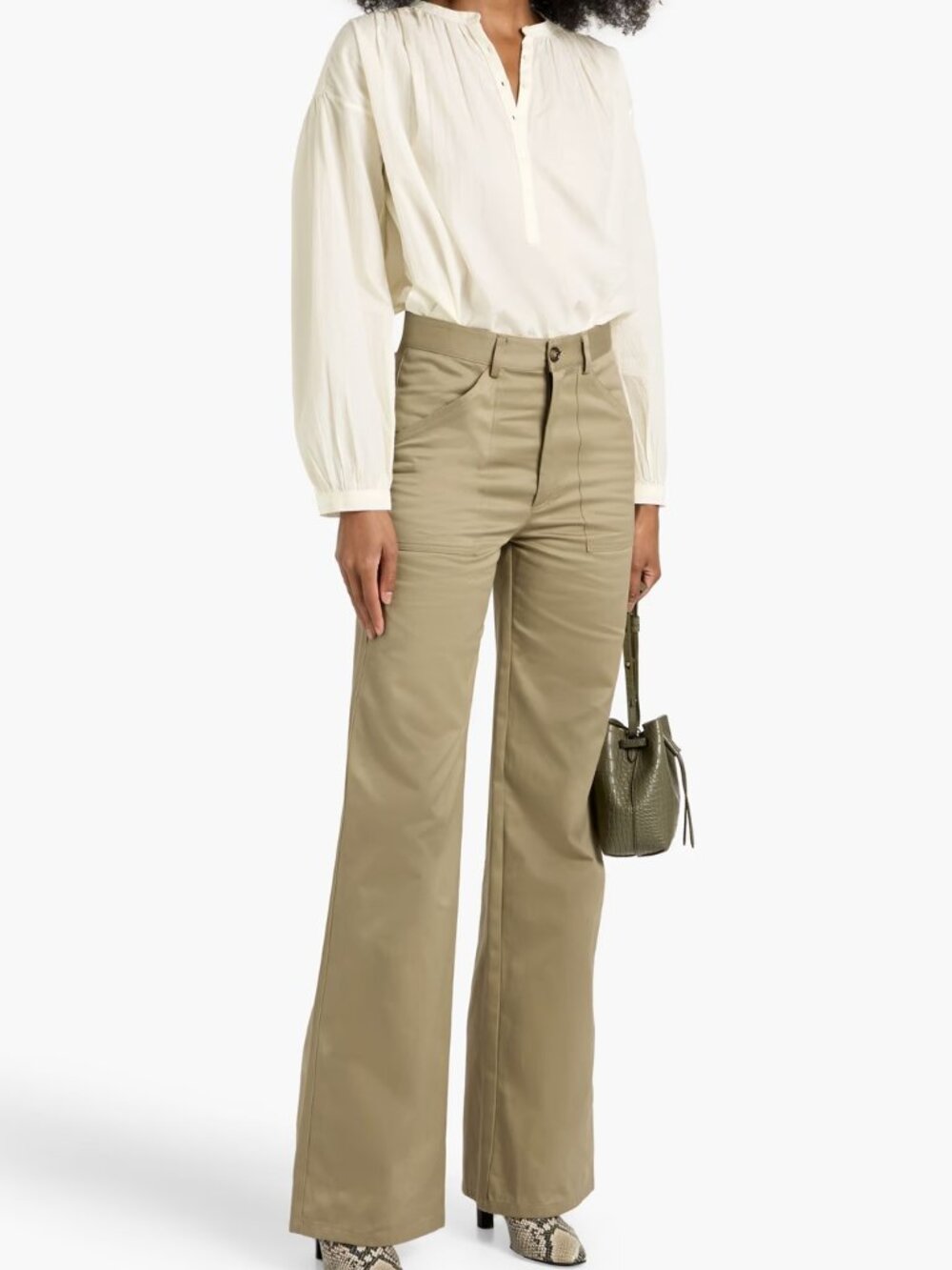 Nili Lotan Quentin Flared Cargo Pant - Green/Neutral Cotton Twill